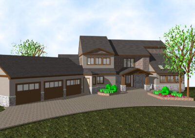 3d rendering of a modern two-story house with a garage and landscaped front yard.