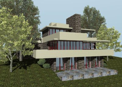 3d rendering of a modern two-story house with a flat roof, featuring stone accents and red railings, set in a landscaped environment.