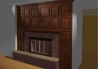 A computer-generated image of a classic fireplace with a wooden mantel and brick surround.