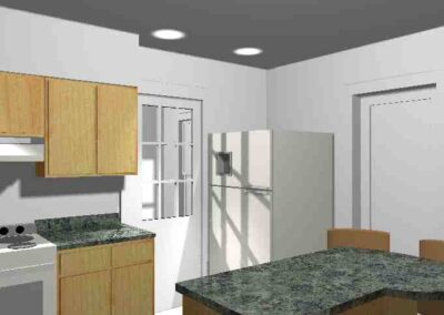 3d rendering of a modern kitchen interior with wooden cabinets and granite countertops.